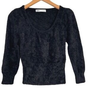 ZARA Fuzzy Knit Sweater Black Long Sleeve Scoop Neck Women Size S